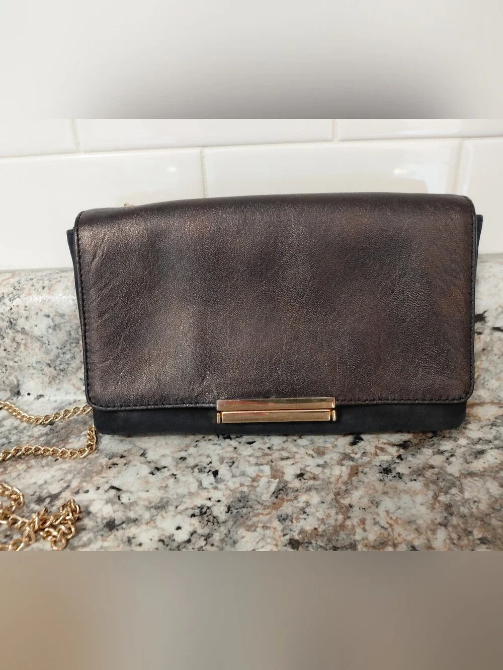 Banana Republic Suede & Leather Pushlock Black Metallic Crossbody Clutch Purse
